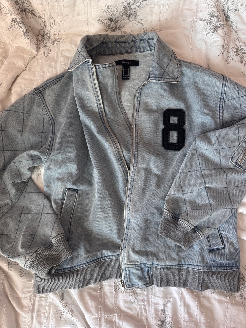 Forever 21 Faded Blue Denim-Style Bomber Jacket with '8' Patch